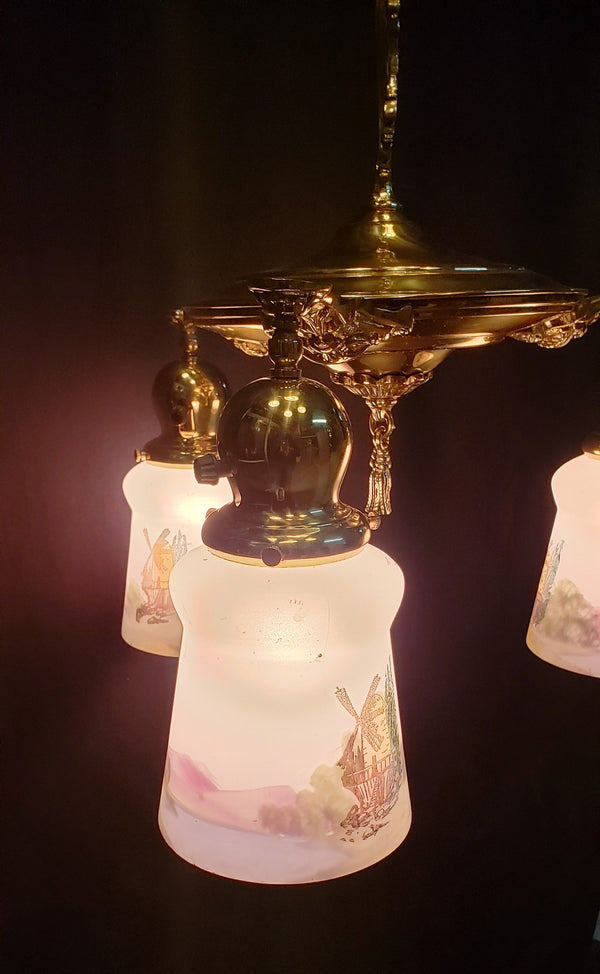 Art Nouveau 3 Light Brass Pan Chandelier with Reverse Painted Shades 15" x 15" GA10079