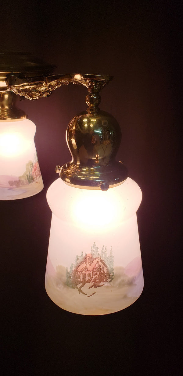 Art Nouveau 3 Light Brass Pan Chandelier with Reverse Painted Shades 15" x 15" GA10079
