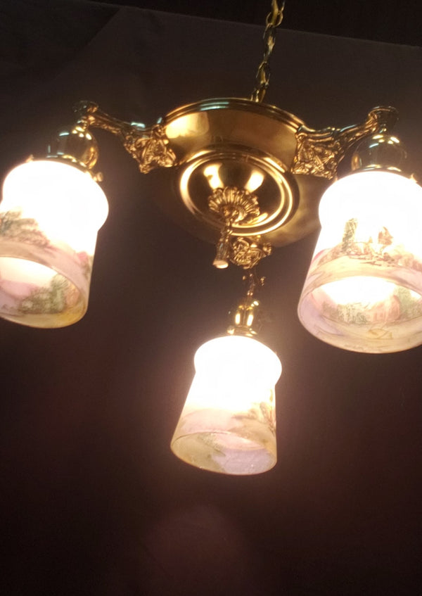 Art Nouveau 3 Light Brass Pan Chandelier with Reverse Painted Shades  GA10079