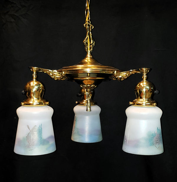 Art Nouveau 3 Light Brass Pan Chandelier with Reverse Painted Shades 15" x 15" GA10079