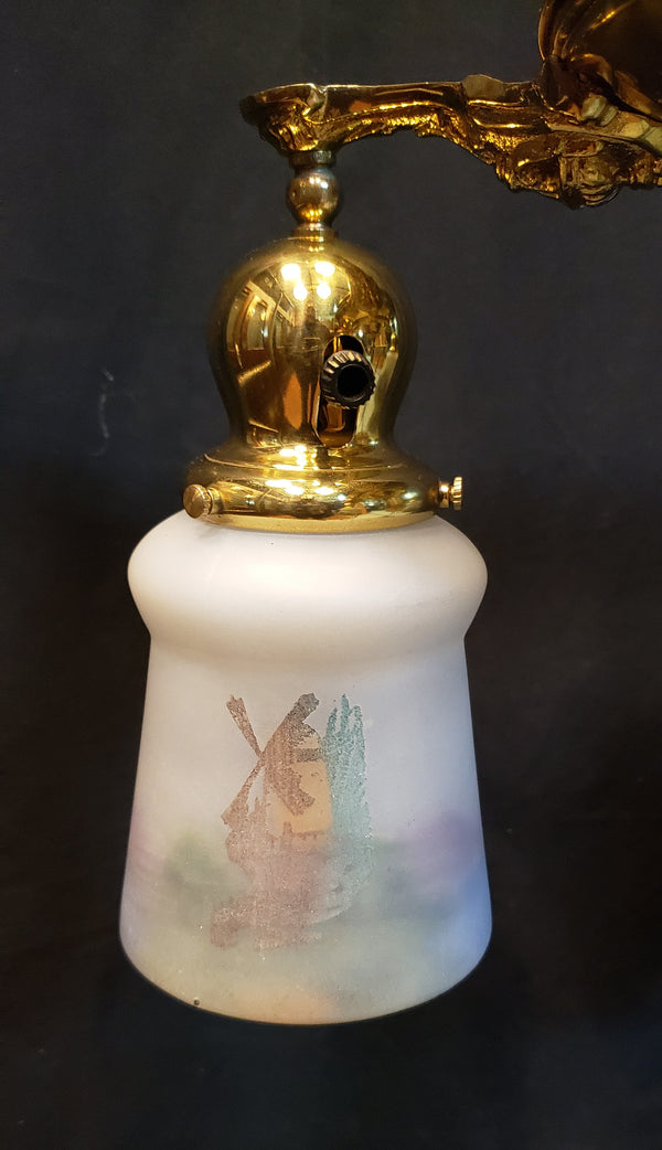Art Nouveau 3 Light Brass Pan Chandelier with Reverse Painted Shades 15" x 15" GA10079