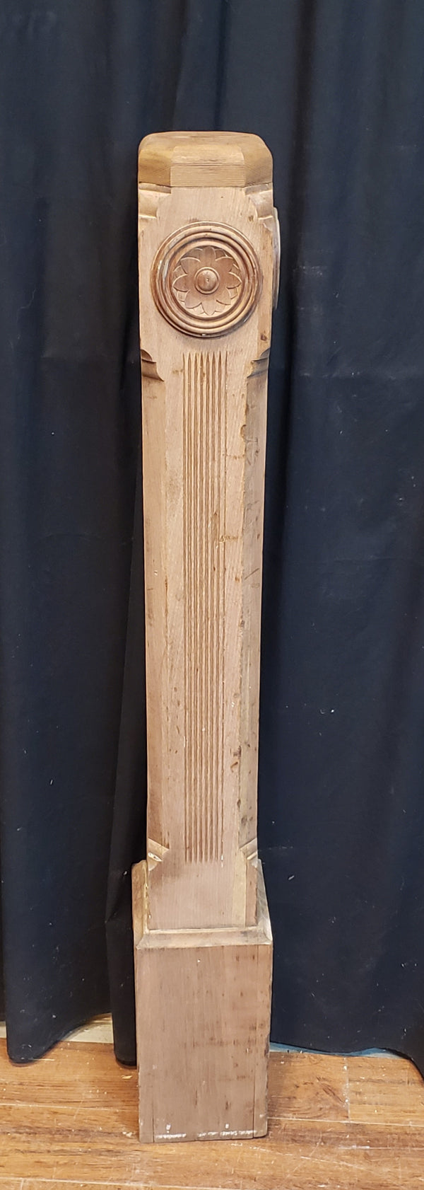 Newly Stripped Solid Oak Newel Post with Floral Rosettes 44" x 7 1/2" GA9683