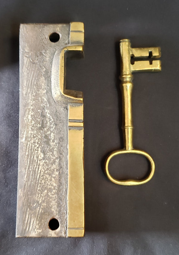 1800's Left Side Carpenter Rim Lock Set with Keeper & Key  7" x 4 3/4" GA231