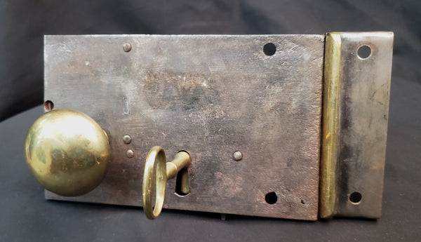Restored 1800's Carpenter Style Rim Lock Set w/ Key & Keeper 6 1/4" x 4" GA9725