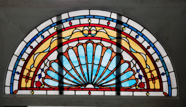 Arched Textured Stained Glass Window in Wood Frame 40" Tall by  70" Long GA9737