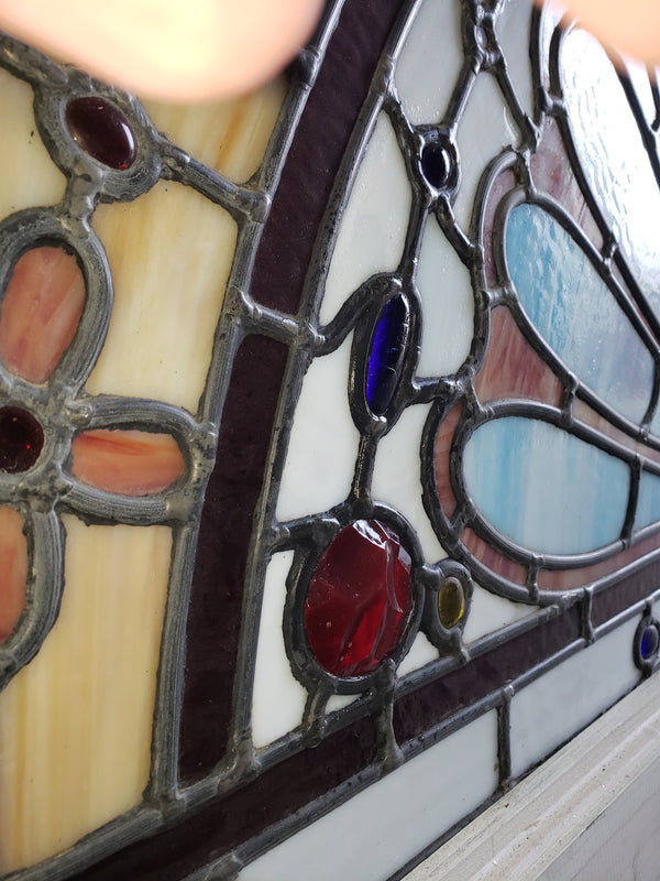 Arched Textured Stained Glass Window in Wood Frame 40" Tall by  70" Long GA9737