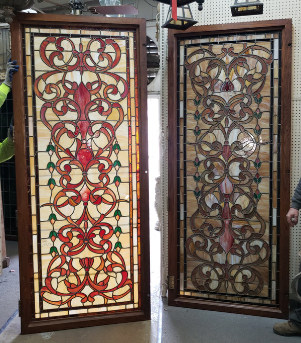 Pair of Textured Leaded Stained Glass Doors 95 1/2"  Tall x 40" Wide GA9742