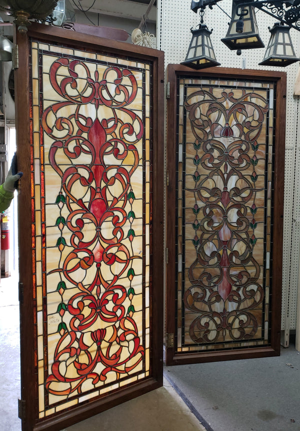 Pair of Textured Leaded Stained Glass Doors 95 1/2"  Tall x 40" Wide GA9742