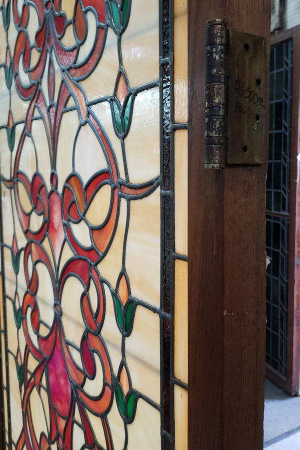 Pair of Textured Leaded Stained Glass Doors 95 1/2"  Tall x 40" Wide GA9742