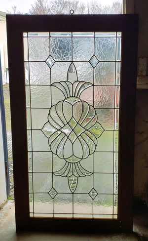 Art Nouveau Beveled Textured Leaded Glass Window in Wood Frame 30 3/4