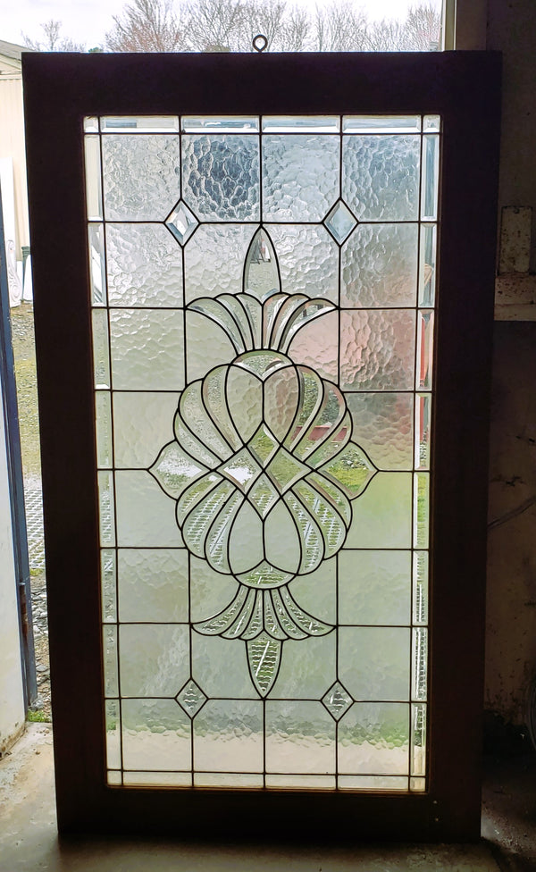 Art Nouveau Beveled Textured Leaded Glass Window in Wood Frame 30 3/4" x  50 1/4" GA9755