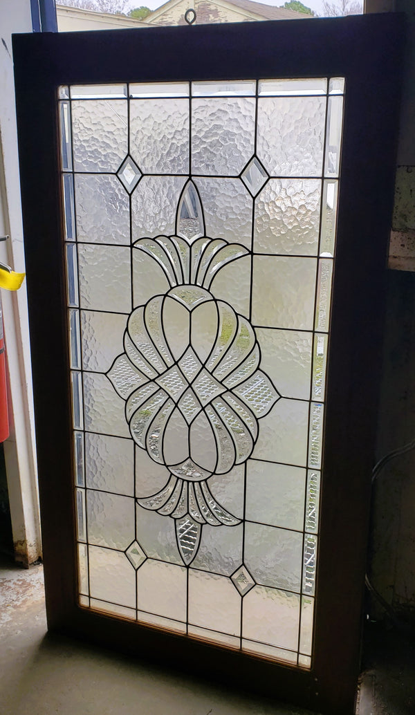 Art Nouveau Beveled Textured Leaded Glass Window in Wood Frame 30 3/4" x  50 1/4" GA9755