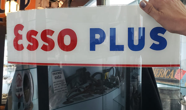 Vintage Esso Plus Large Curved Glass Gas Pump Sign 21" x 17" GA9832