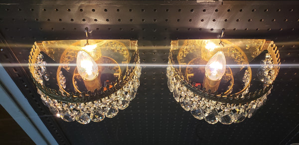 Pair of Ornate 3 Tiered Faceted Crystal Prism & Brass Sconces 9" W x 7" T GA9886