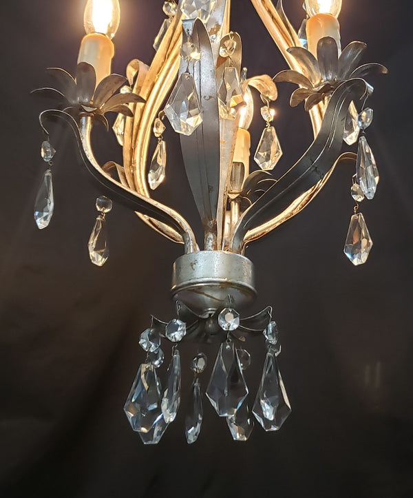 1960's Italian Silver Tole Chandelier with Faceted Prisms 28" T x 13" W GS00016