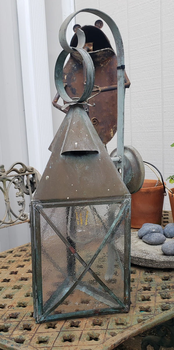 Exterior Copper Triangular Wall Sconce w/ Seeded Glass & Ornate Frame 21 1/2" T GS00097