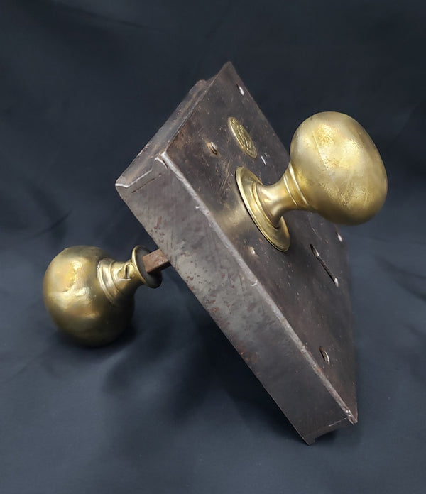 Restored Shaw's Rim Lock Set w/ Knobs  & Keeper  6" x 4 1/2" GS00141