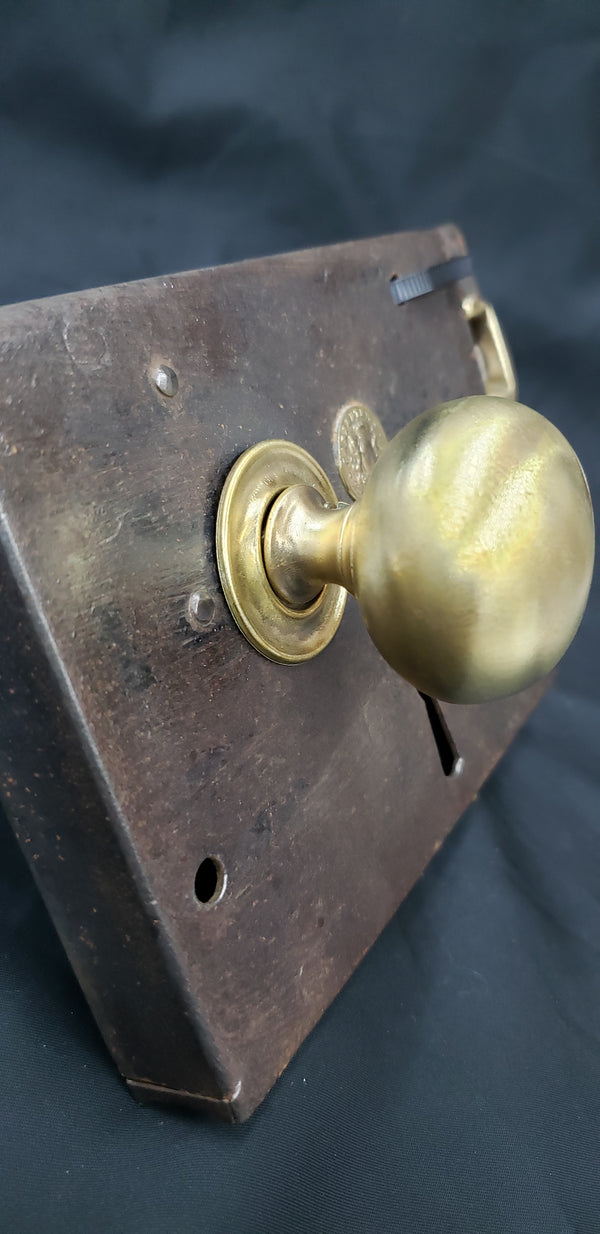 Restored Carpenter Rim Lock Set w/ Knobs Keeper & Rosette 6" x 4 1/2" GS00144