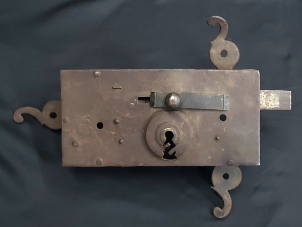 1800's Large Ornate Primitive Cast Iron Rim Lock 10" x 5" GS00150