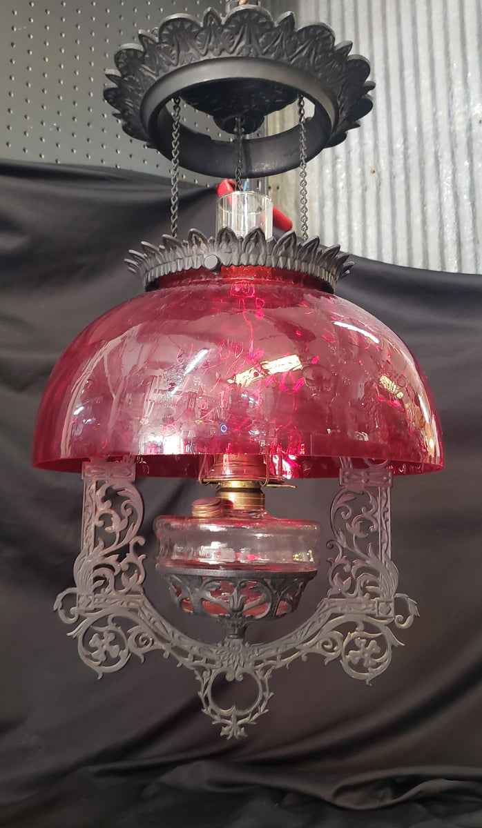 Victorian Hanging Oil Lamp with Cranberry Shade Cast Iron