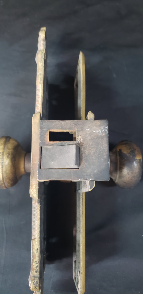Late 1800's Ornate Brass Door Knobs & Back Plates w/ Lock 14" x 3 1/2" GS00187