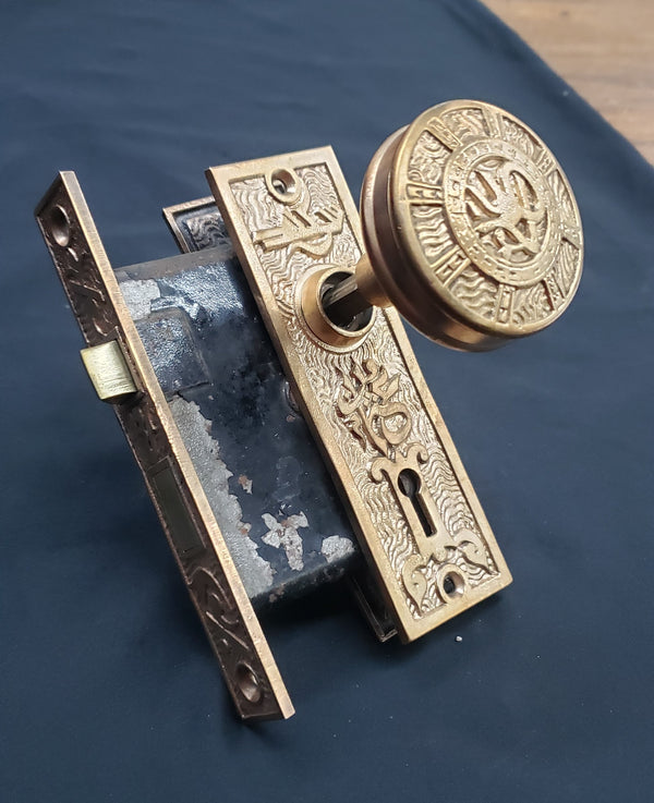 Restored Mallory Wheeler Eastlake Arabic Mortice Lock Set 3 1/4" x 3 3/4" GS00222