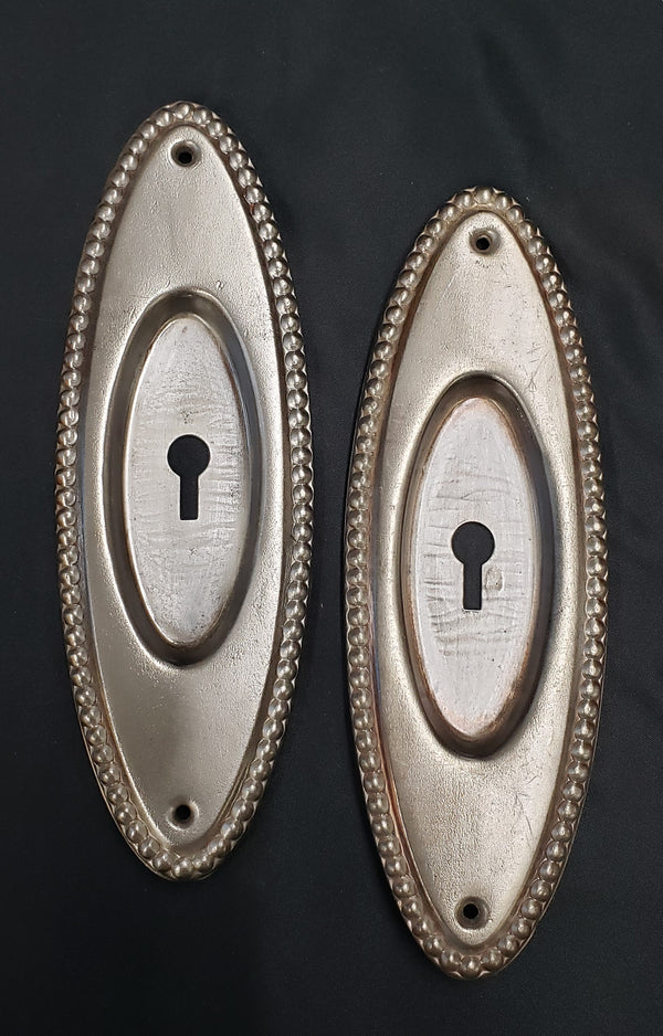 Restored Oval Pocket Door Escutcheon Plates with Beaded Trim 4" x 2 1/8" GS00233
