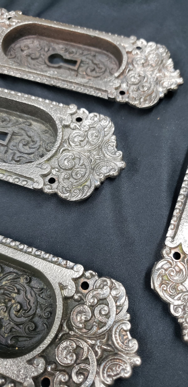 4 Victorian Cast Iron Pocket Door Escutcheon Plates 6 1/4" x 2 1/4" GS00235