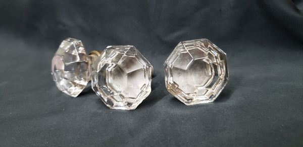 Set of  3 Octagon Shaped Solid Glass Furniture Knobs with Brass Trim GS00316