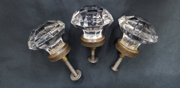 Set of  3 Octagon Shaped Solid Glass Furniture Knobs with Brass Trim GS00316