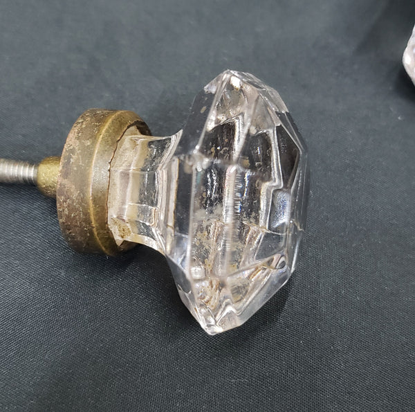 Set of  3 Octagon Shaped Solid Glass Furniture Knobs with Brass Trim GS00316