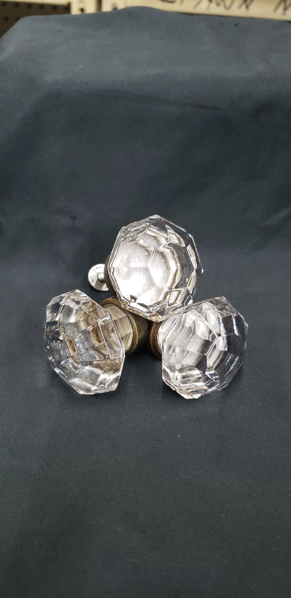 Set of  3 Octagon Shaped Solid Glass Furniture Knobs with Brass Trim GS00316