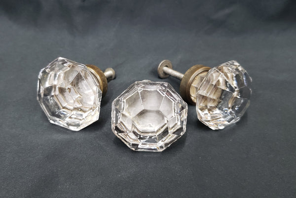 Set of  3 Octagon Shaped Solid Glass Furniture Knobs with Brass Trim GS00316
