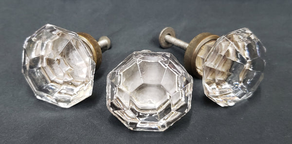 Set of  3 Octagon Shaped Solid Glass Furniture Knobs with Brass Trim GS00316