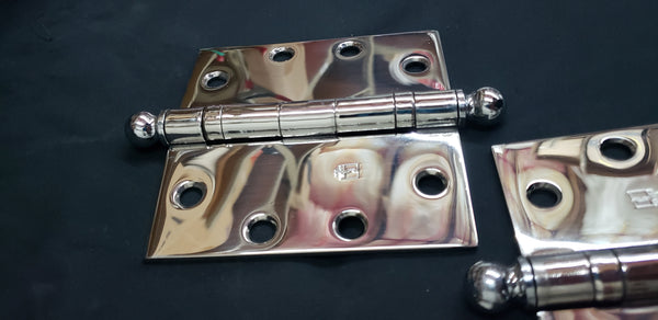 3 Polished Chrome Hager Hinges w/ Ball Finials & Screws 4 1/2" x 4 1/2" GS00324