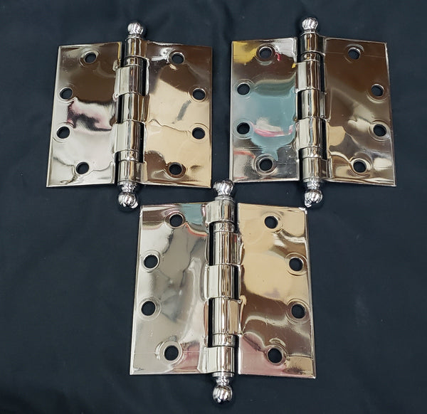 3 Polished Chrome Hager Hinges w/ Ball Finials & Screws 4 1/2" x 4 1/2" GS00324