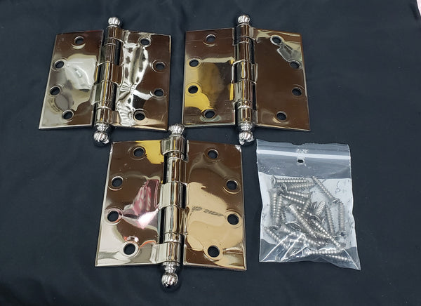 3 Polished Chrome Hager Hinges w/ Ball Finials & Screws 4 1/2" x 4 1/2" GS00324