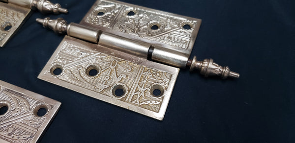 3  Solid Brass Victorian Eastlake Hinges w/ Arrow Finials 4" x 4" GS00336