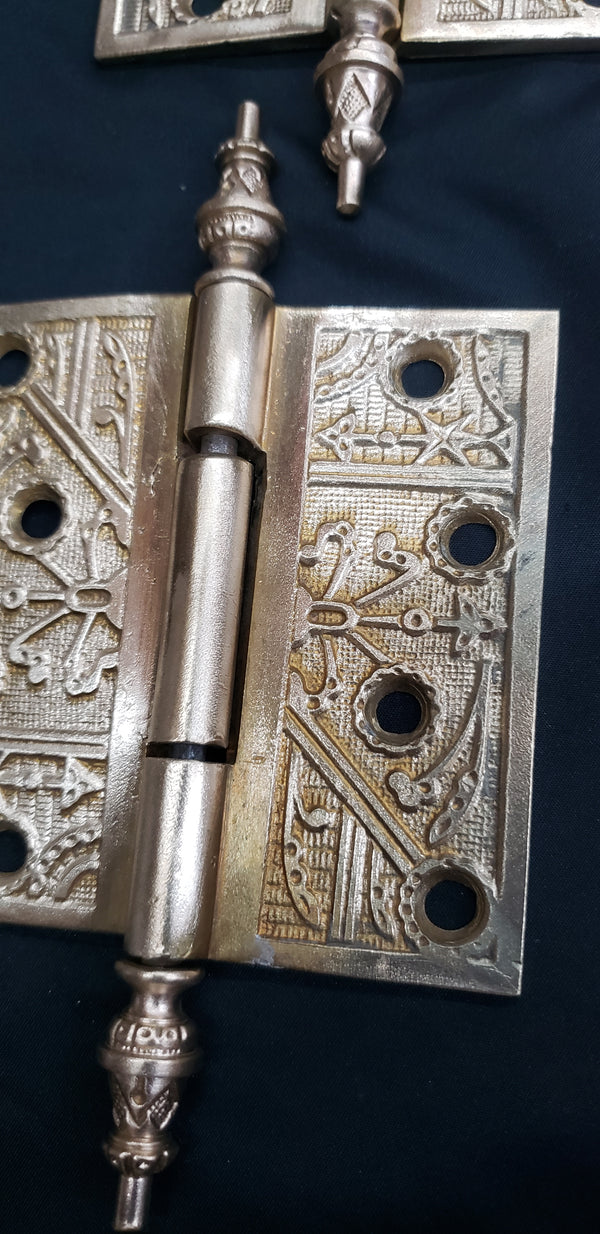 3  Solid Brass Victorian Eastlake Hinges w/ Arrow Finials 4" x 4" GS00336
