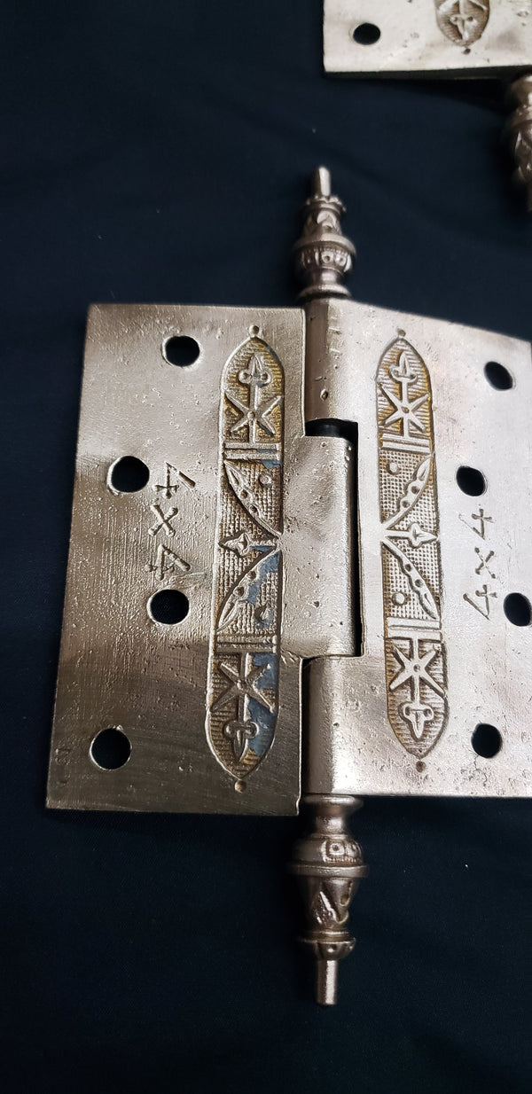 3  Solid Brass Victorian Eastlake Hinges w/ Arrow Finials 4" x 4" GS00336