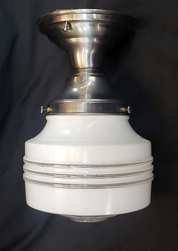 Restored MCM Flush Mount Ceiling Fixture w/ Bullseye White to Clear Globe GS00358