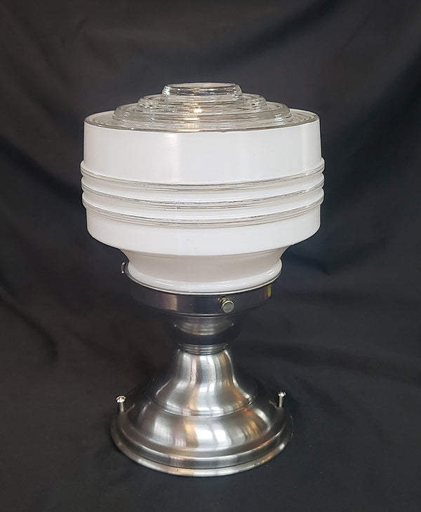 Restored MCM Flush Mount Ceiling Fixture w/ Bullseye White to Clear Globe GS00358