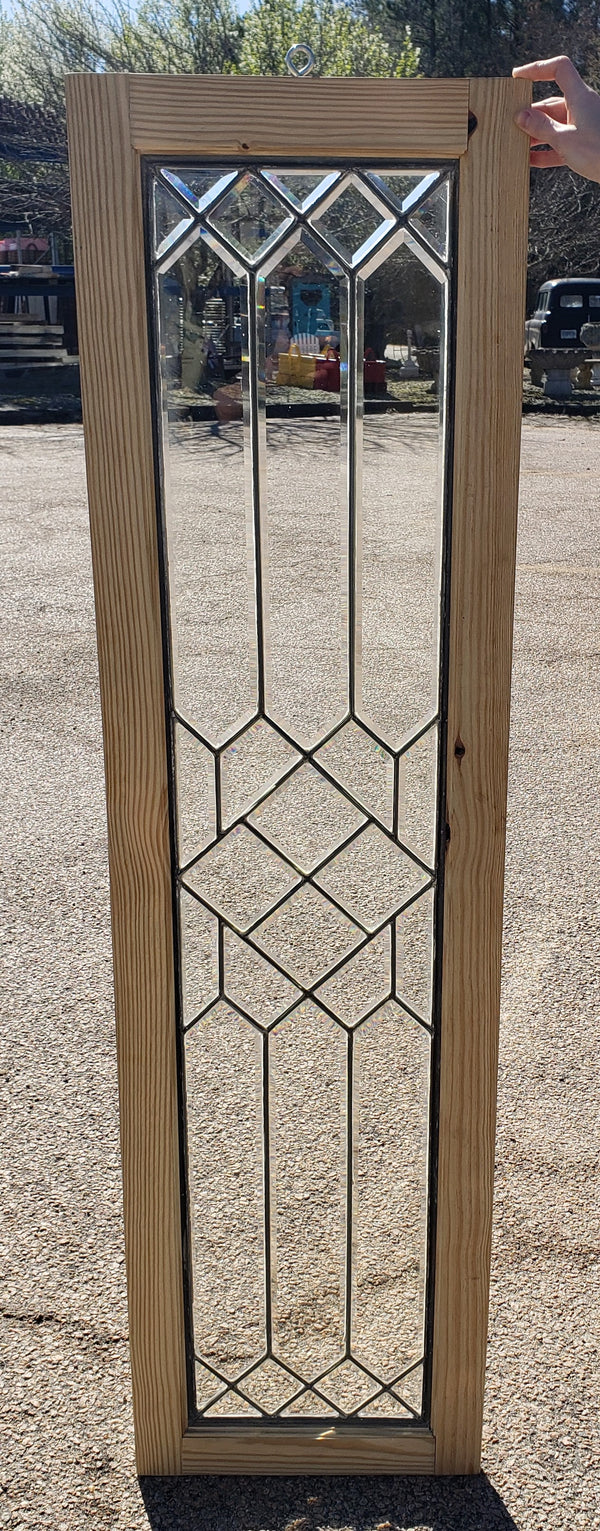 Restored Hanging Beveled Leaded Glass Panel in Wood Frame 62" x 16 3/4" GA4021