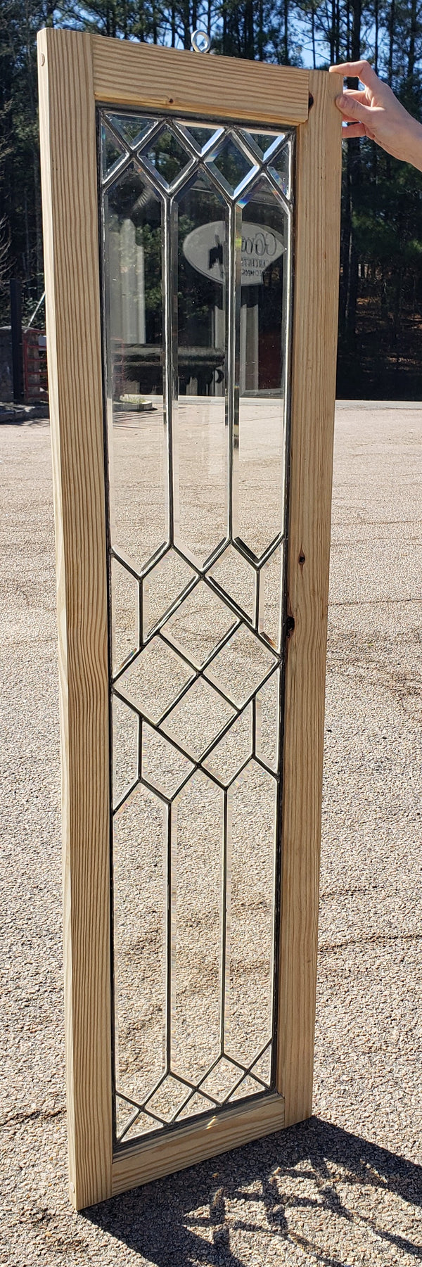 Restored Hanging Beveled Leaded Glass Panel in Wood Frame 62" x 16 3/4" GA4021