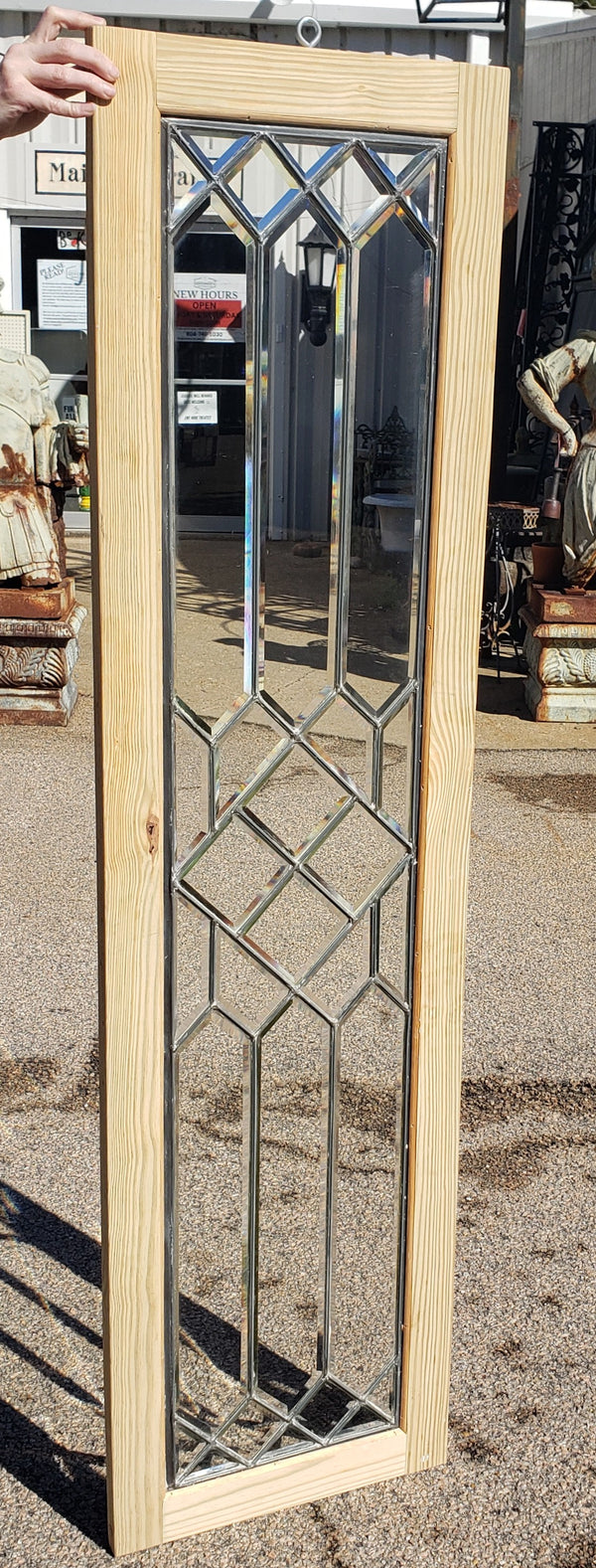 Restored Hanging Beveled Leaded Glass Panel in Wood Frame 62" x 16 3/4" GA4021