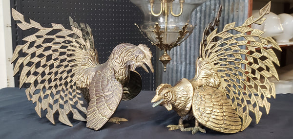 1940's Pair of Large Brass Fighting Roosters  10" x 9" &  9"x 9" GS00367