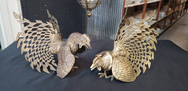 1940's Pair of Large Brass Fighting Roosters  10" x 9" &  9"x 9" GS00367