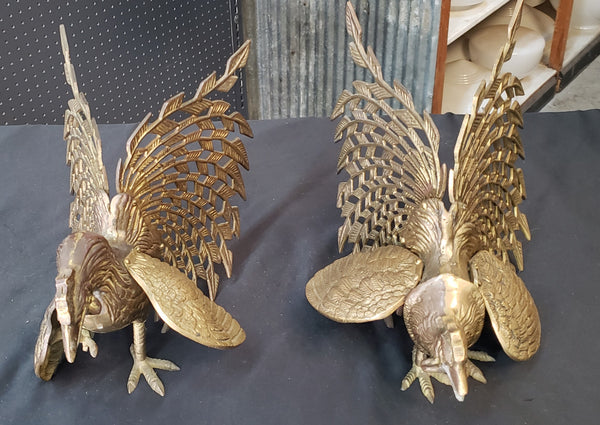 1940's Pair of Large Brass Fighting Roosters  10" x 9" &  9"x 9" GS00367
