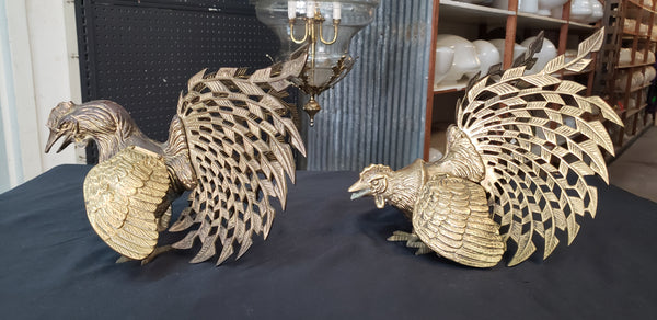 1940's Pair of Large Brass Fighting Roosters  10" x 9" &  9"x 9" GS00367