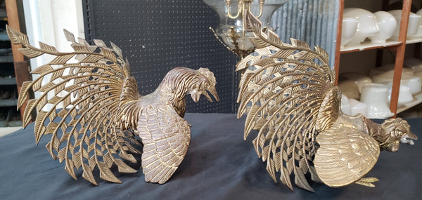 1940's Pair of Large Brass Fighting Roosters  10" x 9" &  9"x 9" GS00367